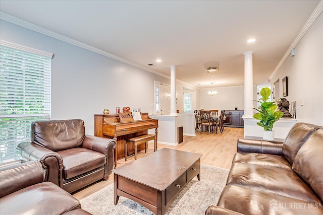 7 Cambridge Ct, East Brunswick, NJ 08816 - living room with ornate columns, ornamental molding, light wood-style flooring, a chandelier, and recessed lighting