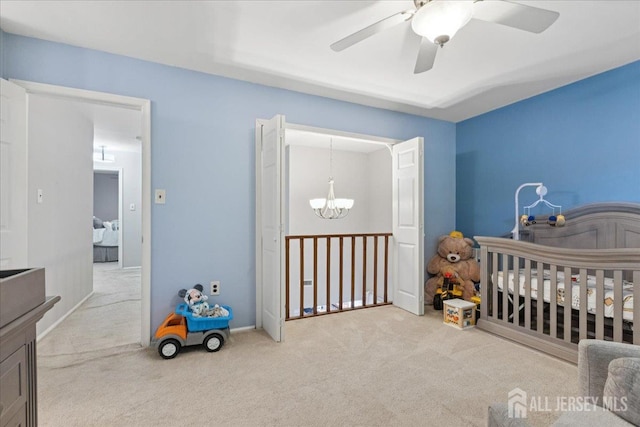 11 Excalibur Ct, Old Bridge, NJ 08857 - carpeted bedroom with a chandelier, a nursery area, and ceiling fan
