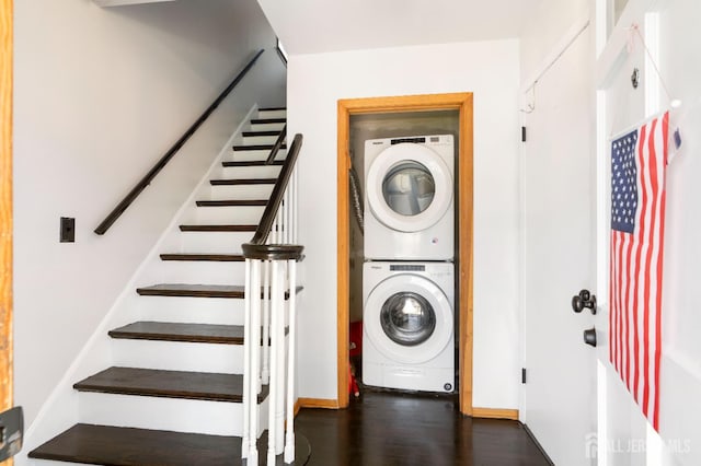 137 Safran Ave, Edison, NJ 08837 - laundry area featuring stacked washer / dryer and wood finished floors