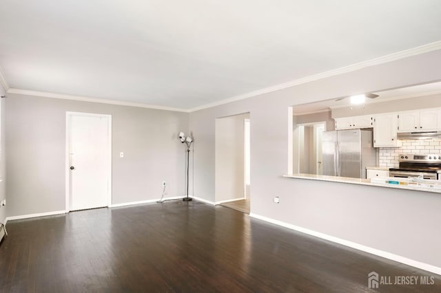 137 Safran Ave, Edison, NJ 08837 - unfurnished living room featuring crown molding, dark wood-style floors, and a ceiling fan