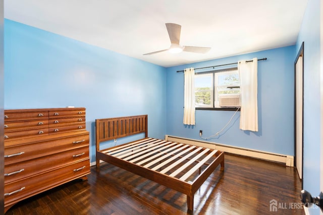 137 Safran Ave, Edison, NJ 08837 - bedroom with baseboard heating, dark wood-style flooring, cooling unit, and a ceiling fan