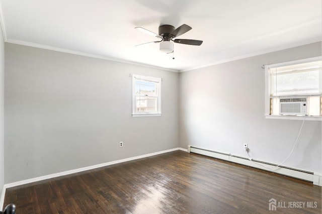 137 Safran Ave, Edison, NJ 08837 - empty room featuring a baseboard radiator, ceiling fan, wood finished floors, cooling unit, and ornamental molding