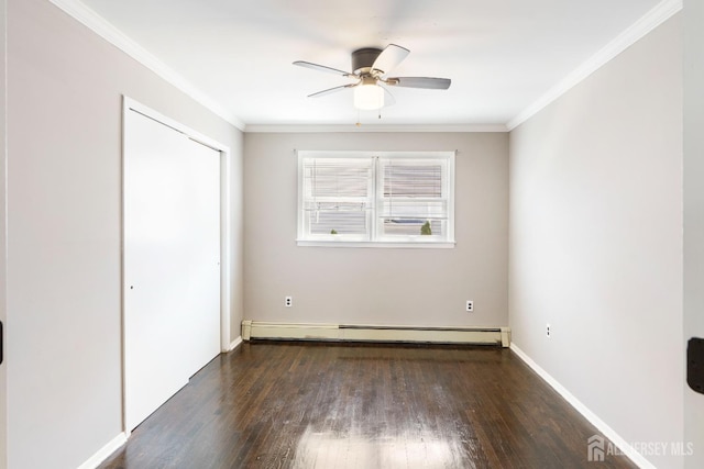 137 Safran Ave, Edison, NJ 08837 - unfurnished bedroom featuring a baseboard radiator, wood finished floors, ornamental molding, a closet, and ceiling fan