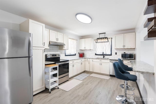 137 Safran Ave, Edison, NJ 08837 - kitchen with appliances with stainless steel finishes, under cabinet range hood, backsplash, and light wood-style floors