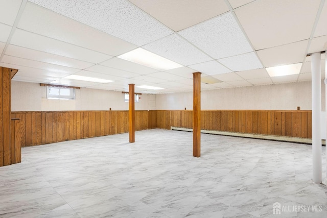 137 Safran Ave, Edison, NJ 08837 - below grade area with wood walls, a paneled ceiling, a wainscoted wall, tile patterned floors, and baseboard heating