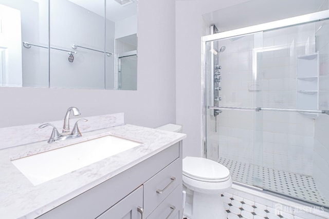 bathroom with a shower stall, toilet, and vanity