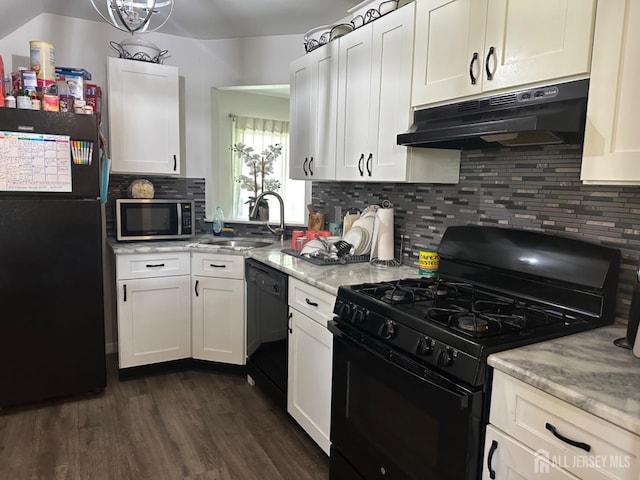 1202 Harbor Club Dr, Sayreville, NJ 08859 - kitchen with white cabinetry, dark wood-style flooring, under cabinet range hood, a sink, and black appliances