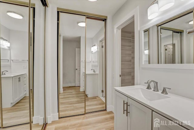 bathroom with two vanities, a sink, and wood finished floors