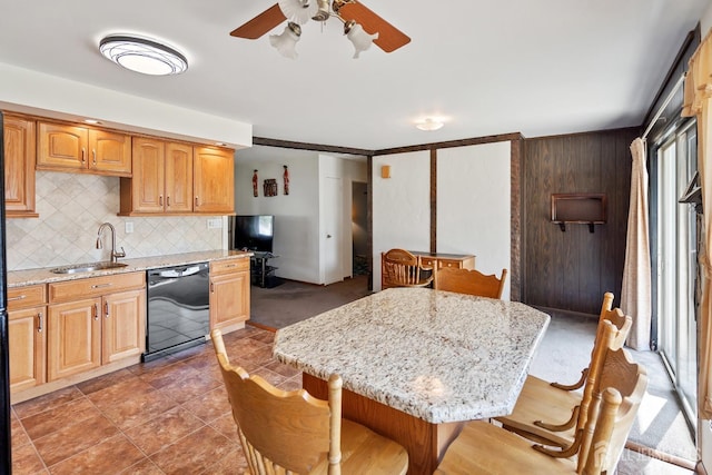 32 Drake Ave, Monroe, NJ 08831 - kitchen featuring dishwasher, a sink, a ceiling fan, decorative backsplash, and light stone countertops