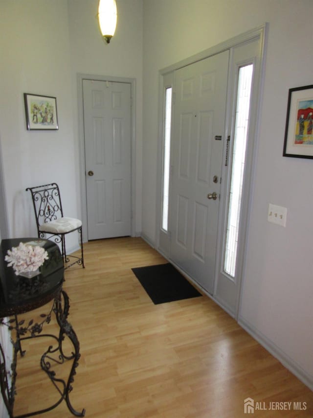 foyer entrance with baseboards and light wood-style flooring