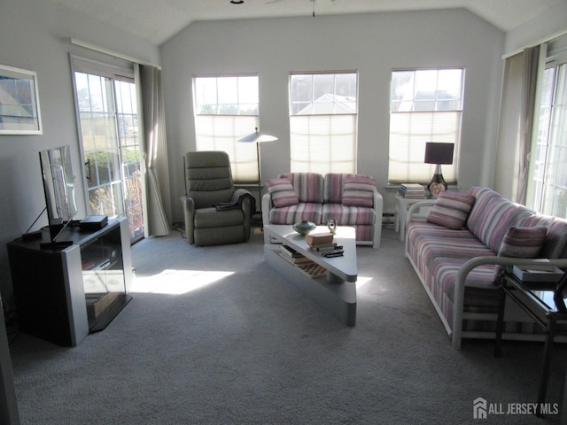 living room with carpet, vaulted ceiling, and a wealth of natural light