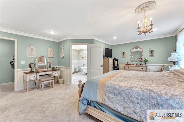 bedroom with ornamental molding, a chandelier, recessed lighting, ensuite bath, and carpet flooring