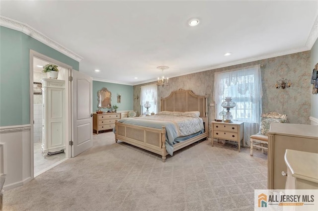 bedroom featuring crown molding, multiple windows, a chandelier, light carpet, and recessed lighting