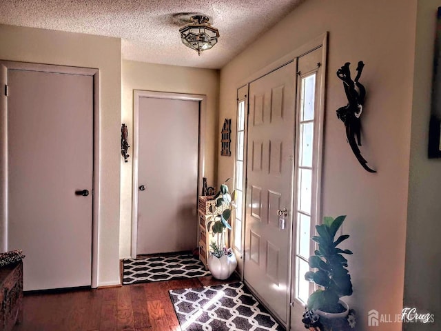 foyer entrance featuring a textured ceiling and dark wood-type flooring