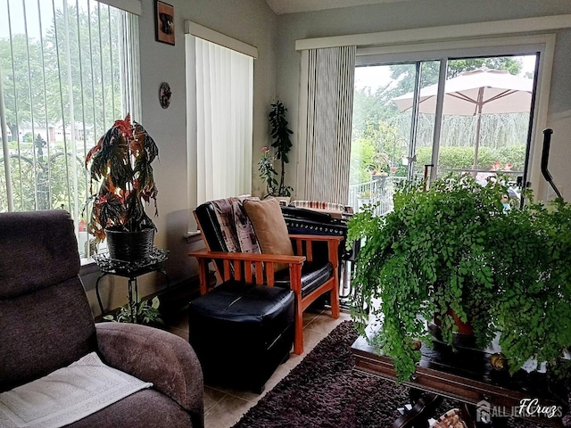 living area with tile patterned floors