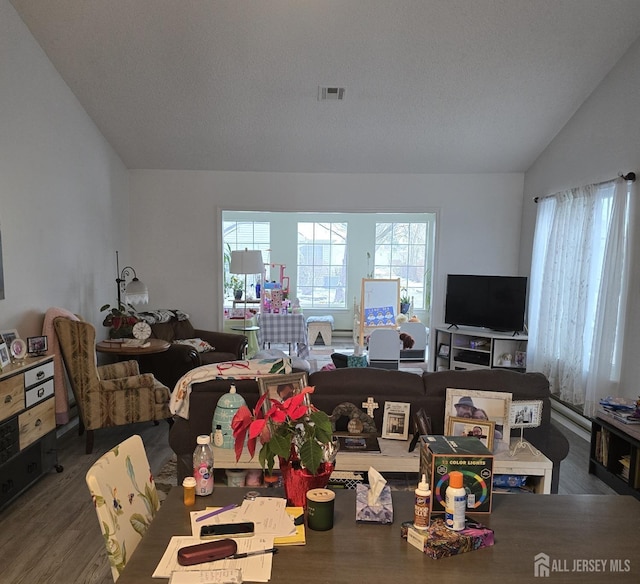 living room featuring vaulted ceiling, hardwood / wood-style floors, and a textured ceiling