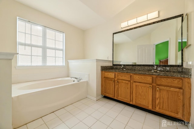 1404 Yarrow Cir S, Brunswick, NJ 08810 - bathroom featuring double vanity, a garden tub, tile patterned floors, and lofted ceiling