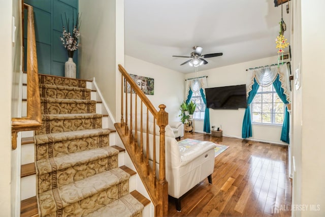 1404 Yarrow Cir S, Brunswick, NJ 08810 - stairway with hardwood / wood-style floors and ceiling fan