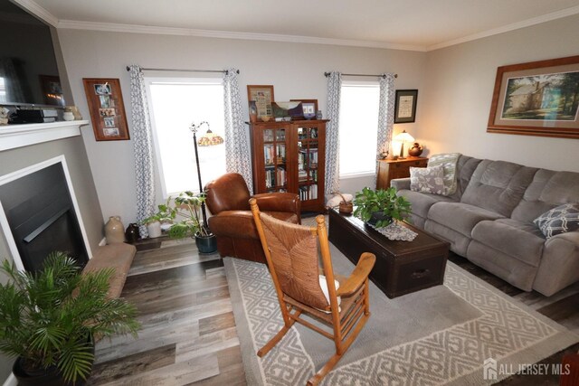 106 E Moss Mill Rd E Unit T-34, Galloway, NJ 08205 - living room with wood finished floors, crown molding, and a large fireplace