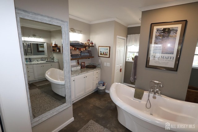 full bathroom featuring vanity, a soaking tub, baseboards, and ornamental molding