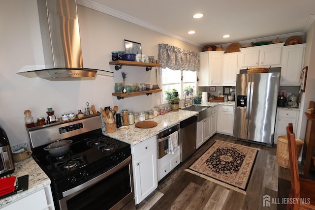106 E Moss Mill Rd E Unit T-34, Galloway, NJ 08205 - kitchen with appliances with stainless steel finishes, extractor fan, a sink, crown molding, and white cabinets