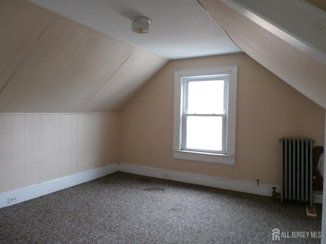 additional living space with radiator, vaulted ceiling, and carpet floors