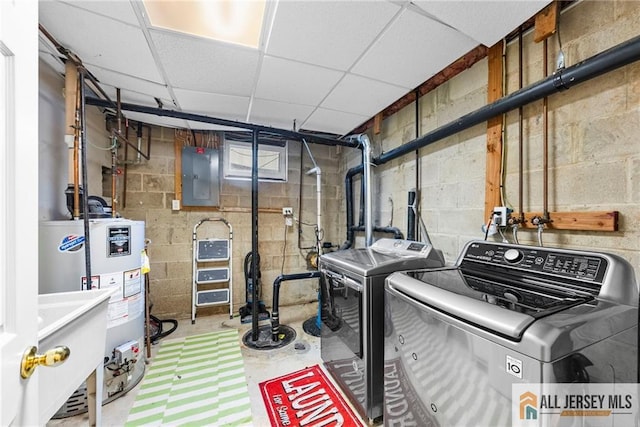 19 Edgegrove St, Edison, NJ 08837 - laundry area featuring separate washer and dryer, electric panel, concrete block wall, and water heater