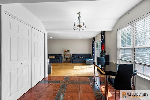 19 Edgegrove St, Edison, NJ 08837 - dining area featuring plenty of natural light, a chandelier, lofted ceiling, recessed lighting, and a desk