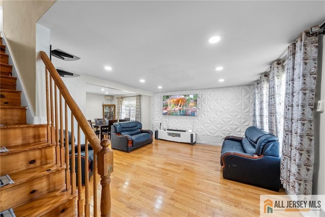 19 Edgegrove St, Edison, NJ 08837 - living room featuring light wood-style floors, stairs, and recessed lighting