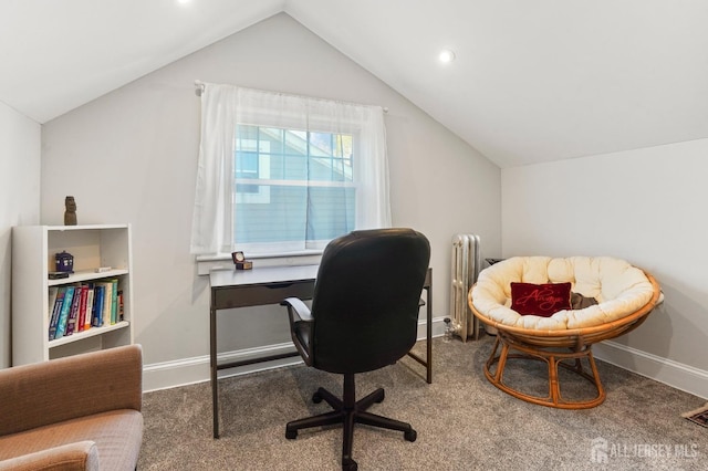 307 S 4th Ave, Highland Park, NJ 08904 - carpeted home office featuring lofted ceiling, radiator heating unit, baseboards, and recessed lighting