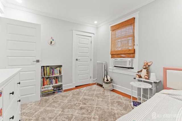 307 S 4th Ave, Highland Park, NJ 08904 - bedroom featuring radiator heating unit, crown molding, cooling unit, recessed lighting, and wood finished floors