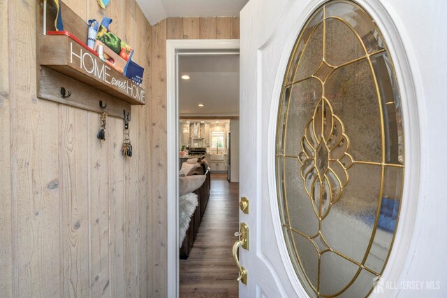 hall featuring wood walls and dark hardwood / wood-style flooring