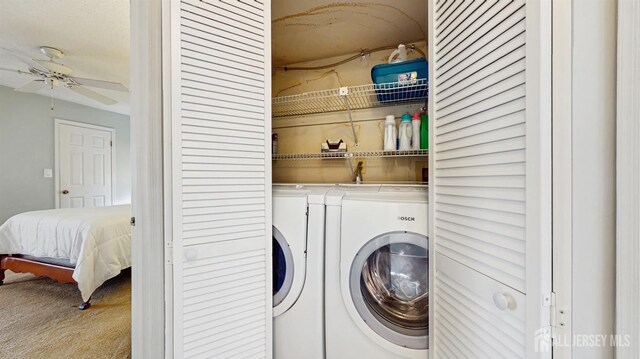 234 Wycoff Way E, Brunswick, NJ 08816 - laundry area featuring separate washer and dryer, ceiling fan, and carpet flooring