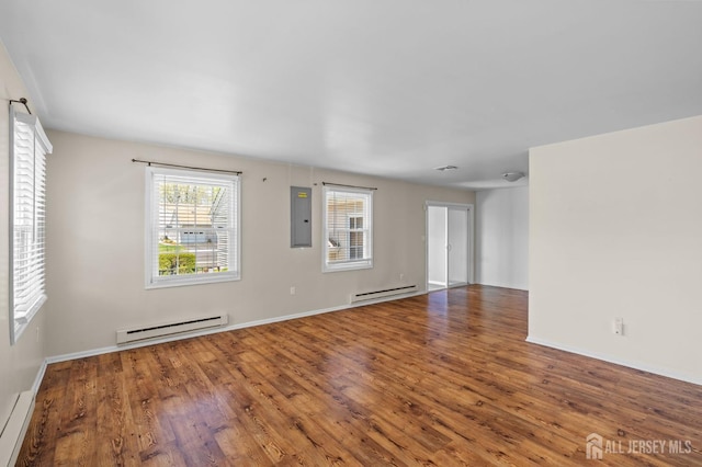 unfurnished living room with a baseboard radiator, wood finished floors, and electric panel