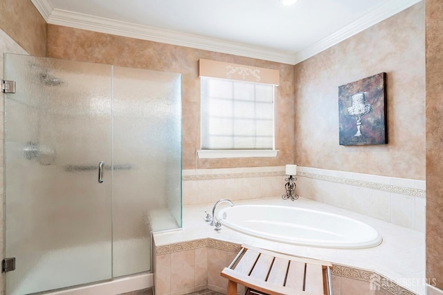 full bathroom featuring a shower stall, a bath, and crown molding