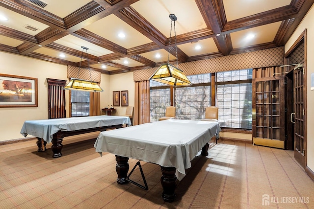 rec room featuring beamed ceiling, coffered ceiling, carpet, and billiards