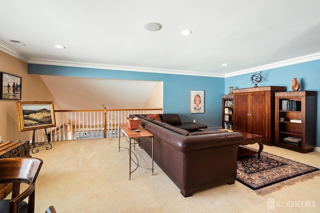 living area featuring ornamental molding, recessed lighting, light carpet, and visible vents