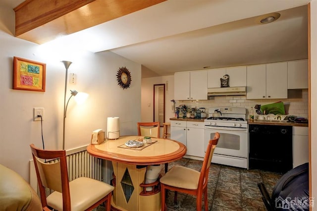 kitchen featuring white gas stove, under cabinet range hood, tasteful backsplash, white cabinetry, and dishwasher