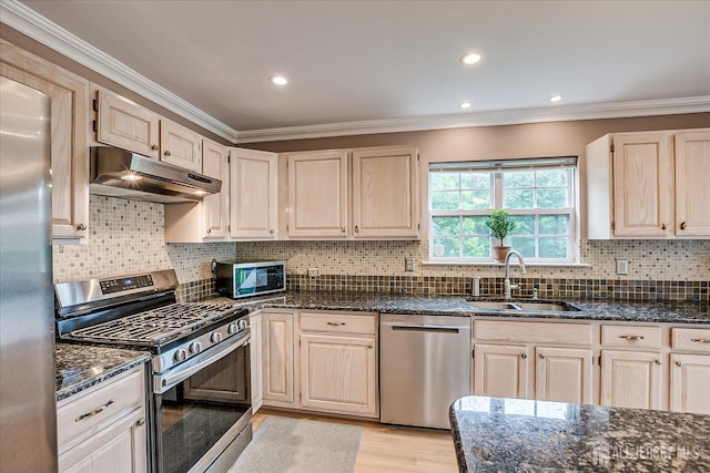 36 Jared Blvd, South Brunswick, NJ 08824 - kitchen featuring appliances with stainless steel finishes, under cabinet range hood, ornamental molding, dark stone counters, and light wood-type flooring