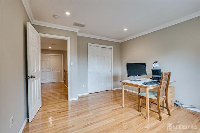 36 Jared Blvd, South Brunswick, NJ 08824 - home office with light wood-style flooring, ornamental molding, and recessed lighting