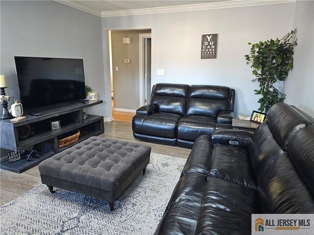 living room featuring crown molding and wood-type flooring