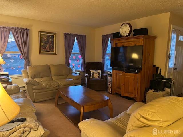 carpeted living room featuring a baseboard heating unit and a textured ceiling