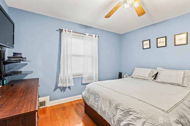 bedroom featuring ceiling fan and wood-type flooring