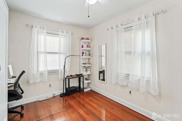 office featuring ceiling fan and hardwood / wood-style floors