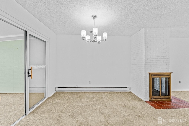 6-A Aspen Plz, Monroe, NJ 08831 - unfurnished dining area featuring carpet, a baseboard radiator, a chandelier, a textured ceiling, and a fireplace