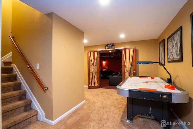 playroom featuring carpet floors, recessed lighting, and baseboards