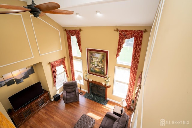 living room featuring a premium fireplace, wood finished floors, plenty of natural light, and a ceiling fan