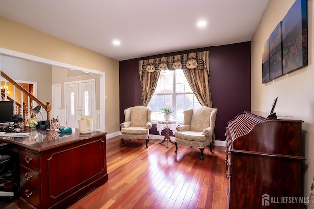 home office with hardwood / wood-style floors, baseboards, and recessed lighting