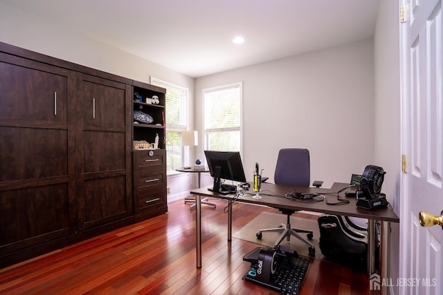 office featuring dark wood-style flooring and recessed lighting