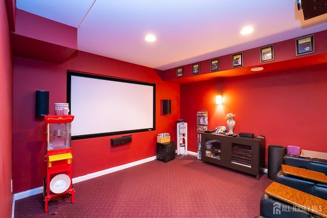 cinema with carpet, baseboards, and recessed lighting